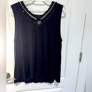 W5 Black Sleeveless Embellished Tank Top, Beautiful Neckline Accents, Size XL